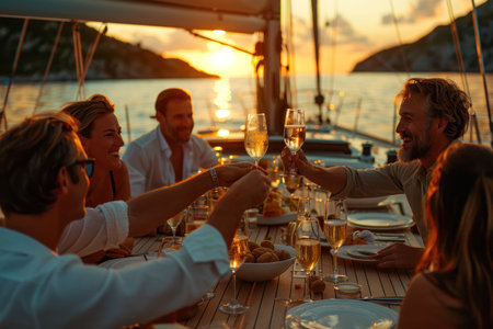 Friends Toasting with Champagne on Yacht at Sea. Joyful friends clinking champagne glasses on a yacht with the ocean horizon in the background at golden hour.の素材