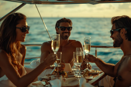 Friends Toasting with Champagne on Yacht at Sea. Joyful friends clinking champagne glasses on a yacht with the ocean horizon in the background at golden hour.の素材