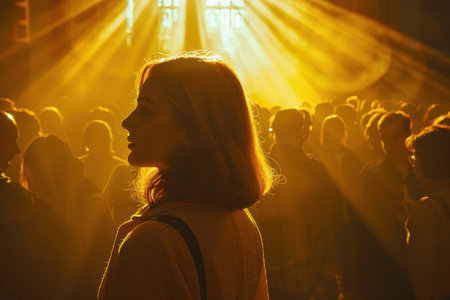 Woman in Concert Crowd Bathed in Golden Light. A serene woman stands enveloped in golden sunlight among a crowd at an outdoor concert, capturing a moment of reflection.の素材