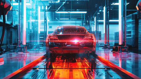 Futuristic Electric Sports Car on Assembly Line. Advanced electric sports car in a high-tech automated assembly line facility with vibrant lighting.の素材