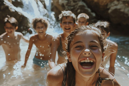 Joyful Children Playing in Water. Group of cheerful children laughing and playing together in a sunlit water area. Vacation summer activity concept.の素材