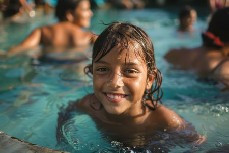 Joyful Children Playing in Water. Group of cheerful children laughing and playing together in a sunlit water area. Vacation summer activity concept.の素材