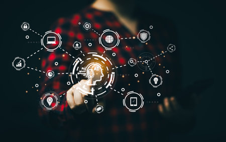Woman point finger virtual digital Ai network chain. Digital transformation change management, internet of things, smart Ai technology, IoT concepts business icons smart Internet of Things.の写真素材
