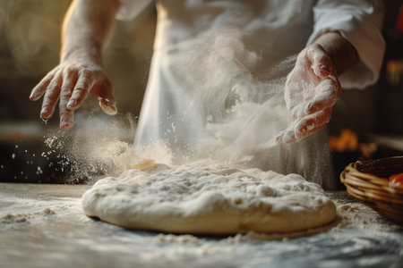 Baker Kneading Dough with Flying Flour. Hands of a baker kneading fresh dough with a cloud of flour on a wooden worktop.の素材