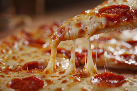 Pepperoni Pizza Slice with Melting Cheese. Extreme close-up of a pizza slice tip showcasing the melting cheese and pepperoni. Italian food concept.の素材
