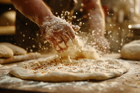 Baker Kneading Dough with Flying Flour. Hands of a baker kneading fresh dough with a cloud of flour on a wooden worktop.の素材