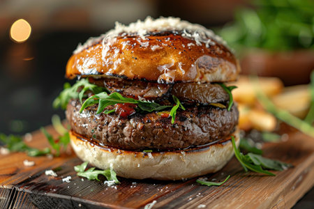 Gourmet Beef Burger with Fresh Greens. Close-up of a gourmet beef burger with arugula, sesame seeds, and a glossy bun on a wooden surface.の素材