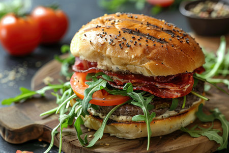 Gourmet Beef Burger with Fresh Greens. Close-up of a gourmet beef burger with arugula, sesame seeds, and a glossy bun on a wooden surface.の素材