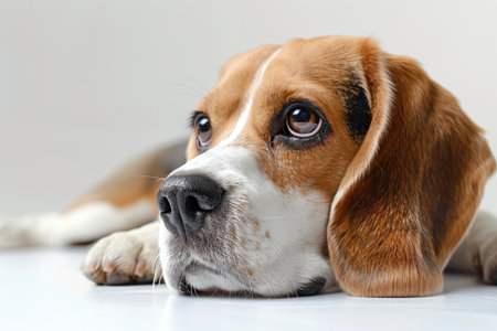 Beagle dog lies down isolated on a white background, gazing with a gentle expression. Beagle dog studio lighting concept.の素材
