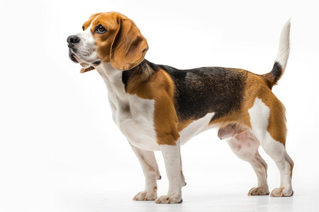 Beagle dog lies down isolated on a white background, gazing with a gentle expression. Beagle dog studio lighting concept.の素材