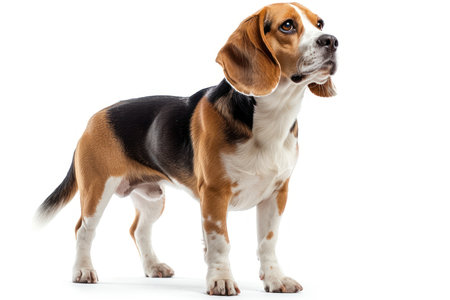 Beagle dog lies down isolated on a white background, gazing with a gentle expression. Beagle dog studio lighting concept.の素材