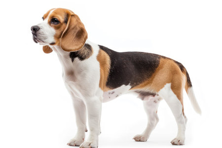 Beagle dog lies down isolated on a white background, gazing with a gentle expression. Beagle dog studio lighting concept.の素材