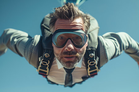 Determined Businessman Skydiving in Formal Attire. A businessman in a suit and tie skydiving with a focused expression and skydiving goggles.の素材
