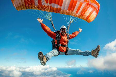 Exhilarated Businessman Skydiving with Open Arms. Joyful businessman skydiving with open arms, enjoying the freedom of the open sky.の素材