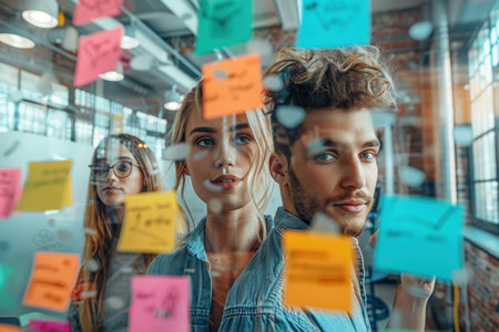 Creative Team Brainstorming with Sticky Notes. A diverse group of professionals brainstorming with sticky notes on a glass wall in a modern office. Business team concept.の素材