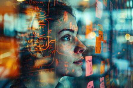Thoughtful Woman Evaluating Ideas on Sticky Notes. Close-up profile view of a young woman deeply focused on brainstorming with sticky notes on glass.の素材
