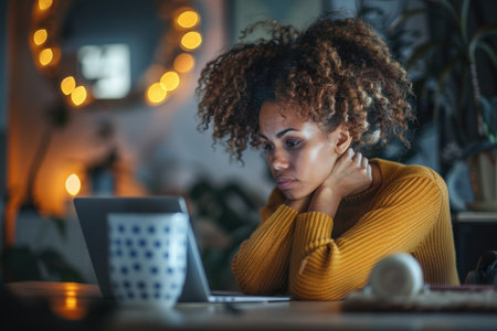 Pensive Woman Working Late on Laptop. A focused woman works on her laptop in a low-lit room with soft lighting.の素材