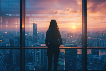 Back view of a contemplative woman observing the sunset over the city from a skyscraper.の素材