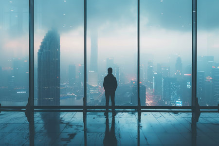 Silhouette of a Person Overlooking the City at Dusk. Silhouette of a person standing in a high-rise building, contemplating the cityscape at twilight.の素材