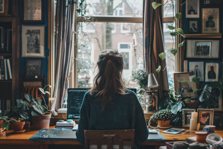 Contemplative Creative Space with Urban Window View. Individual sitting contemplatively in a creative workspace with an urban background.の素材
