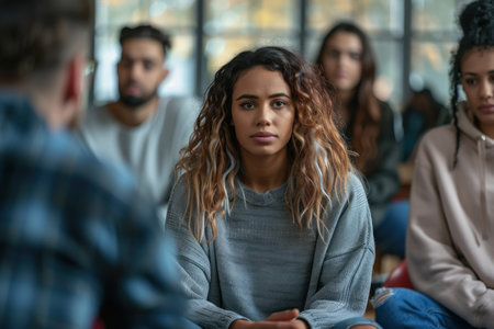 Young Woman Deep in Thought During Group Discussion. Young woman sitting thoughtfully amidst a group, engaged in a serious discussion.の素材