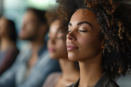 A woman with a headband is sitting in a group of people. The woman is smiling and she is relaxed. The group of people are all sitting together, and the atmosphere seems to be calm and peacefulの素材