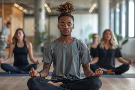 A group of people are sitting in a room and meditating. The man in the center is wearing a gray shirt and has tattoos on his armの素材