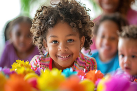 A young girl with curly hair is smiling at the camera. She is surrounded by a bunch of colorful flowersの素材