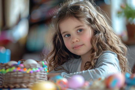 A young girl with long hair is sitting at a table with a basket of Easter eggs. She is smiling and looking at the cameraの素材