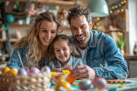 A family of three, a man and two girls, are sitting at a table with Easter eggs and baskets. They are smiling and seem to be enjoying their time togetherの素材