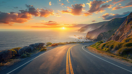A road with a sunset in the background. The road is empty and the sky is cloudyの素材