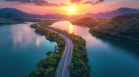 A road with a beautiful view of a lake and mountains. The sun is setting, creating a warm and peaceful atmosphereの素材