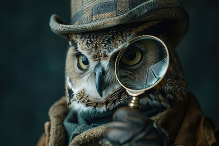 An owl detective solving mysteries in a fantasy Victorian London, with a magnifying glass in clawの素材