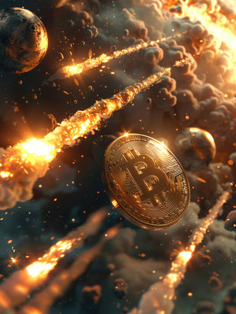 Explore a 3D universe where Bitcoin moons orbit distant galaxies, guided by the light of rocket flaresの素材