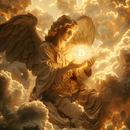 An angel floating among clouds, hands cupped around a glowing Bitcoin, with a golden sunrise backdrop.の素材