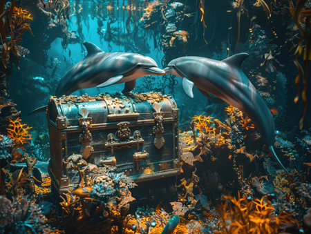 Dolphins as deep-sea divers exploring sunken pirate treasure chests, surrounded by bioluminescent coralの素材