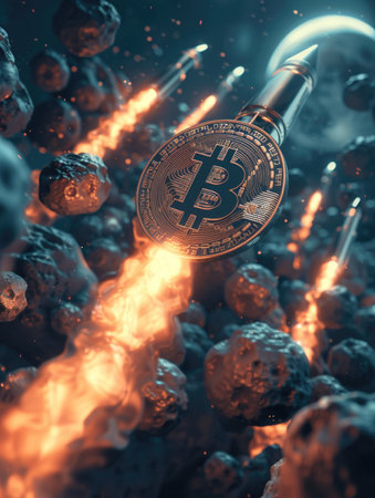 Explore a 3D universe where Bitcoin moons orbit distant galaxies, guided by the light of rocket flaresの素材