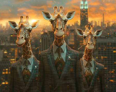 Giraffes wearing elegant suits attending a high-fashion gala in a 3D fantasy cityscape at duskの素材