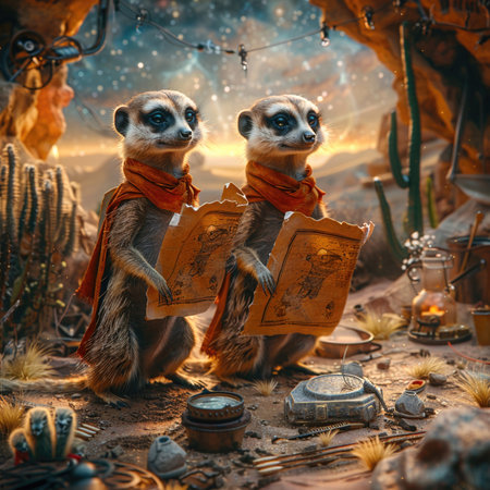 Meerkats as archaeologists uncovering ancient artifacts in a 3D desert under a fantastical starry nightの素材