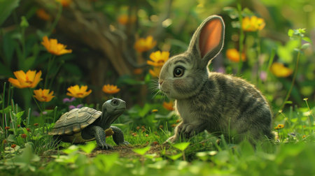 A rabbit and a turtle are standing in a field of flowers. The scene is peaceful and calm, with the two animals coexisting in harmonyの素材