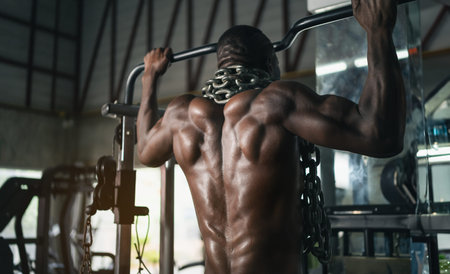 A man is lifting weights in a gym. He is wearing a chain around his neck. The chain is attached to a...