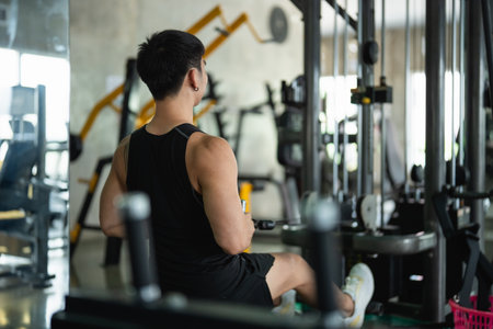 Back view. Asian man in a black tank top works out on a seated row machine in a modern gym. His serious expression and muscular build emphasize his dedication to fitness and strength training.の写真素材