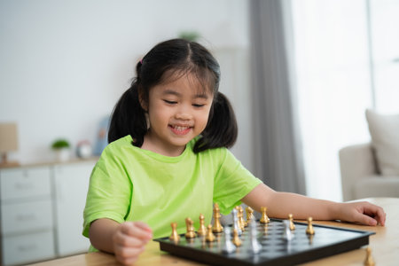 A young girl is playing a game of chess with a board and pieces. She is smiling and she is enjoying herselfの写真素材