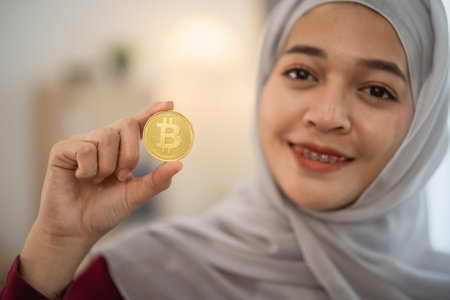Muslim islam woman with hijab is holding a gold coin with the letter B on it. She is smiling and she is happyの写真素材