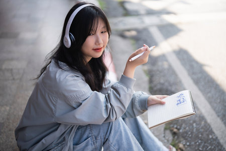 A young woman enjoys a peaceful moment outdoors, wearing headphones, while she sketches in her notebook. Her tranquil expression captures the essence of creativity and inspiration.の写真素材