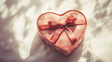 A charming heart-shaped gift box adorned with a red ribbon and snowflake pattern, perfect for showcasing love and joy during special celebrations.の素材