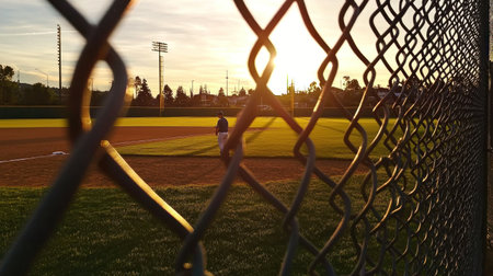 A tranquil baseball scene captured at sunset, showing a player on the field behind a chain link fence, highlighting the beauty of evening sports.の素材