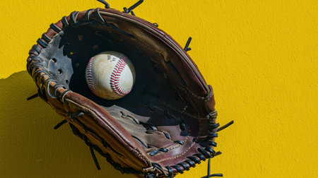 A close-up view of a baseball resting in a brown glove against a vibrant yellow wall, capturing the essence of summer sports and recreational fun.の素材