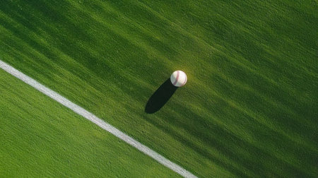 A close-up aerial view of a baseball resting on vibrant green grass, showcasing beautiful textures and shadows, ideal for sports themes or outdoor activities.の素材