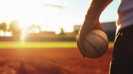 A person stands at a baseball field during sunset, holding a baseball, showcasing the beauty of sport and anticipation in an outdoor setting.の素材